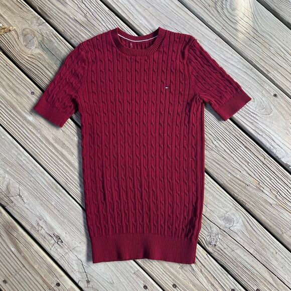Tommy Hilfiger Women's Burgundy Short Sleeve Cable Knit Sweater Size XXS - Picture 1 of 5